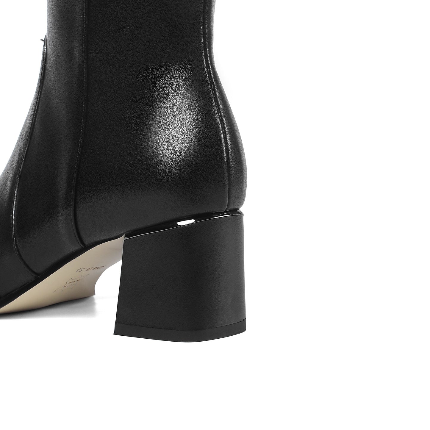 Nine Seven Handmade Women's Genuine Leather Square Toe Mid Chunky Heel Side Zip Up Black Knee High Boots with Buckle Decor