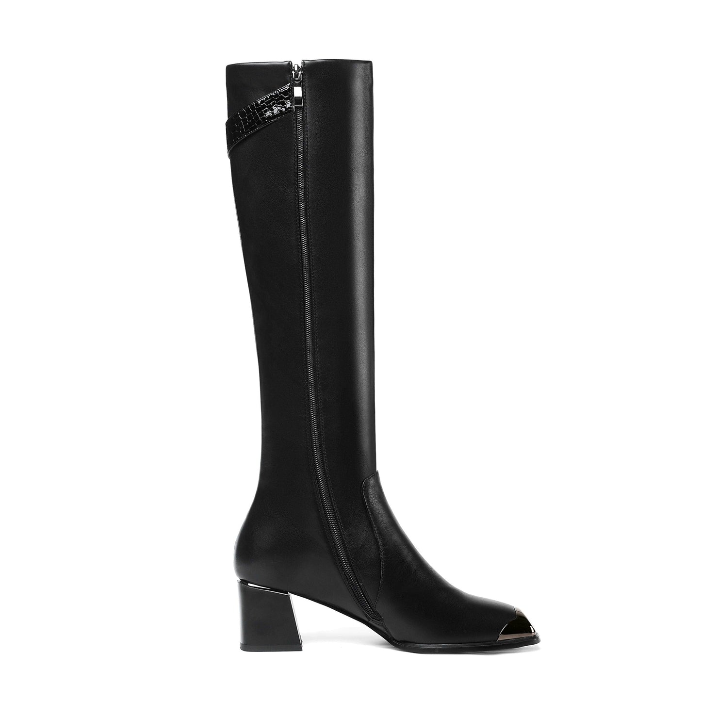 Nine Seven Handmade Women's Genuine Leather Square Toe Mid Chunky Heel Side Zip Up Black Knee High Boots with Buckle Decor