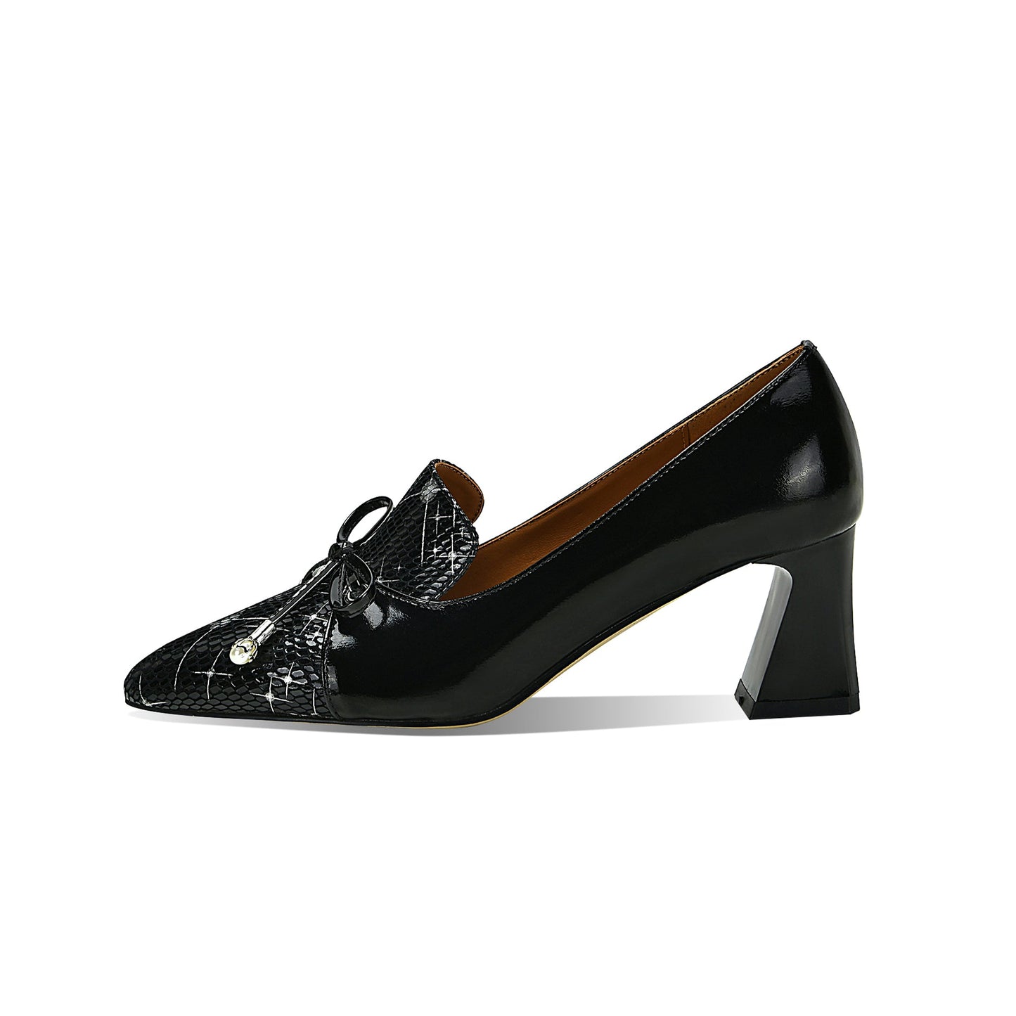 Nine Seven Handmade Women's Glossy Genuine Leather Decor Bowknot Slip On Pointed Toe Mid Cone Heel Pumps Shoes