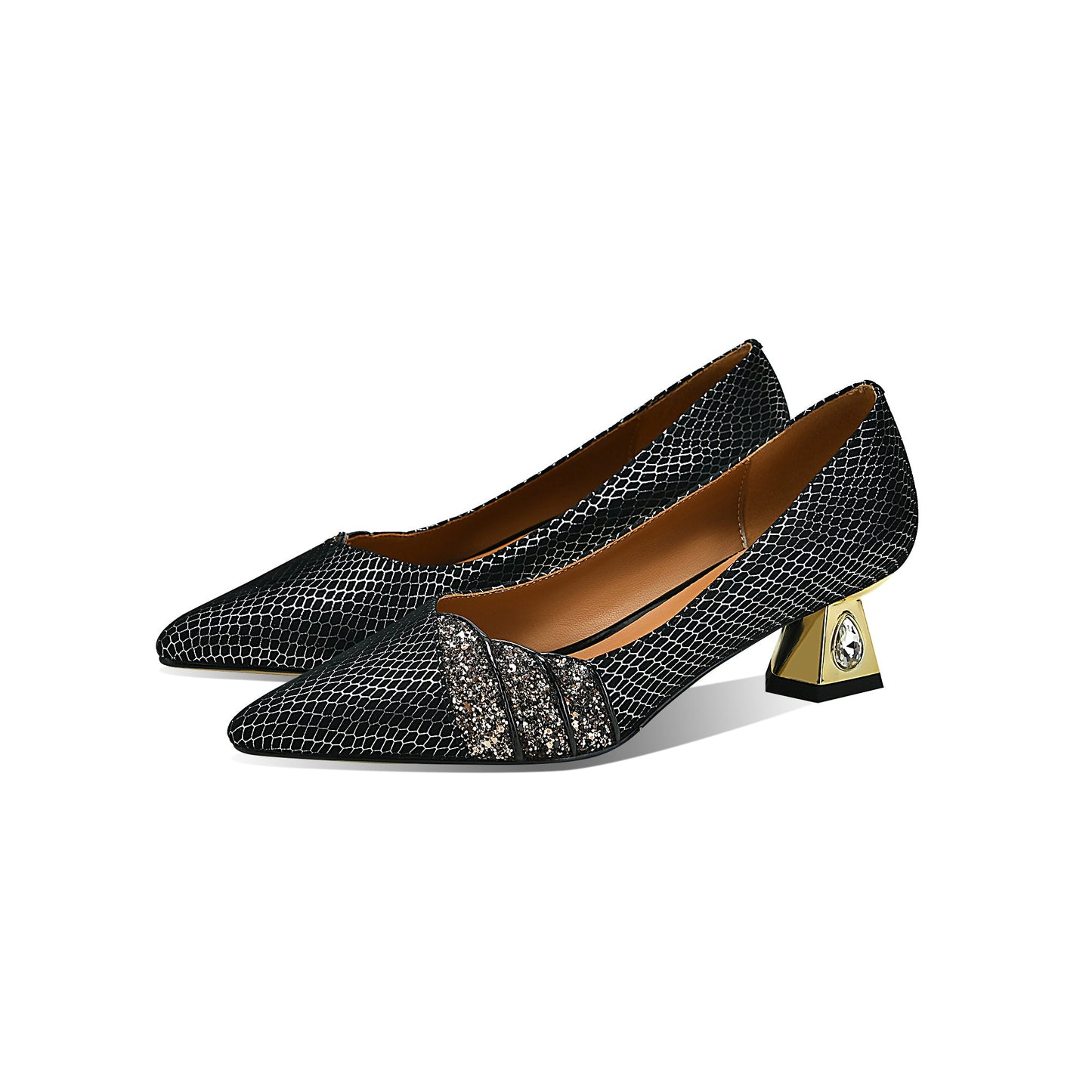 Nine Seven Handmade Women's Genuine Leather Slip On Pointed Toe Gold Chunky Heel Pumps Shoes