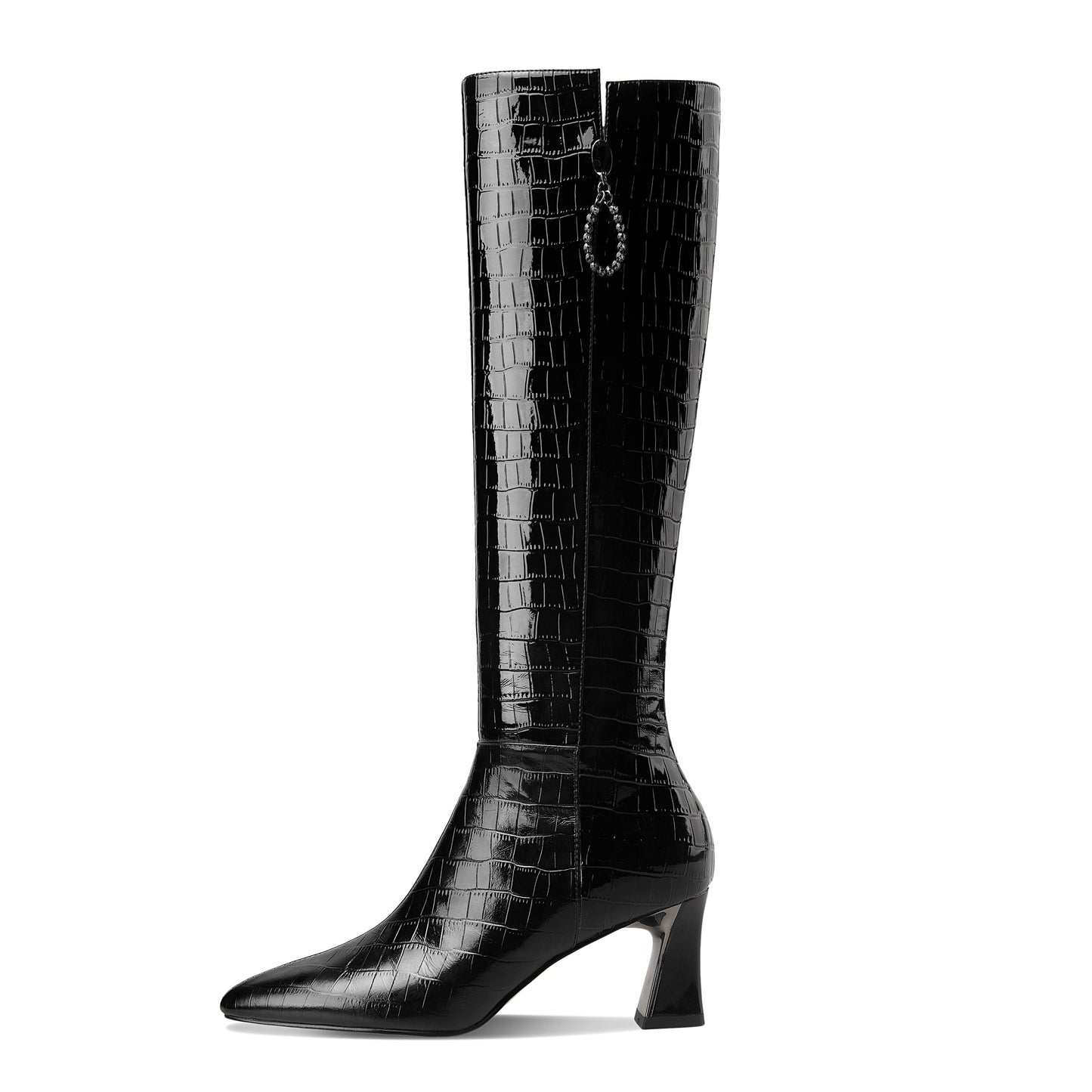 Nine Seven Women's Handmade Embossed Genuine Leather Clear Pointed Toe Mid Spool Heel Side Zip Up Classic Black Knee High Boots