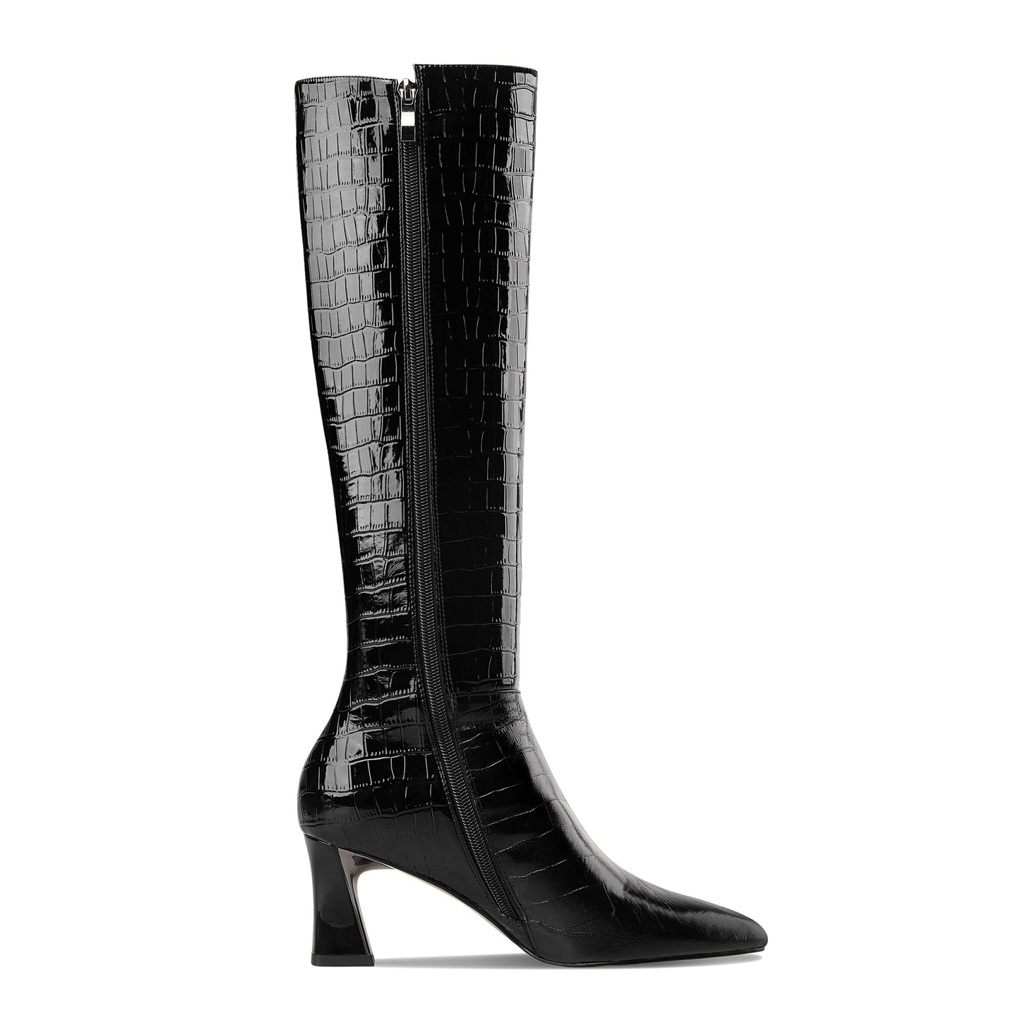 Nine Seven Women's Handmade Embossed Genuine Leather Clear Pointed Toe Mid Spool Heel Side Zip Up Classic Black Knee High Boots