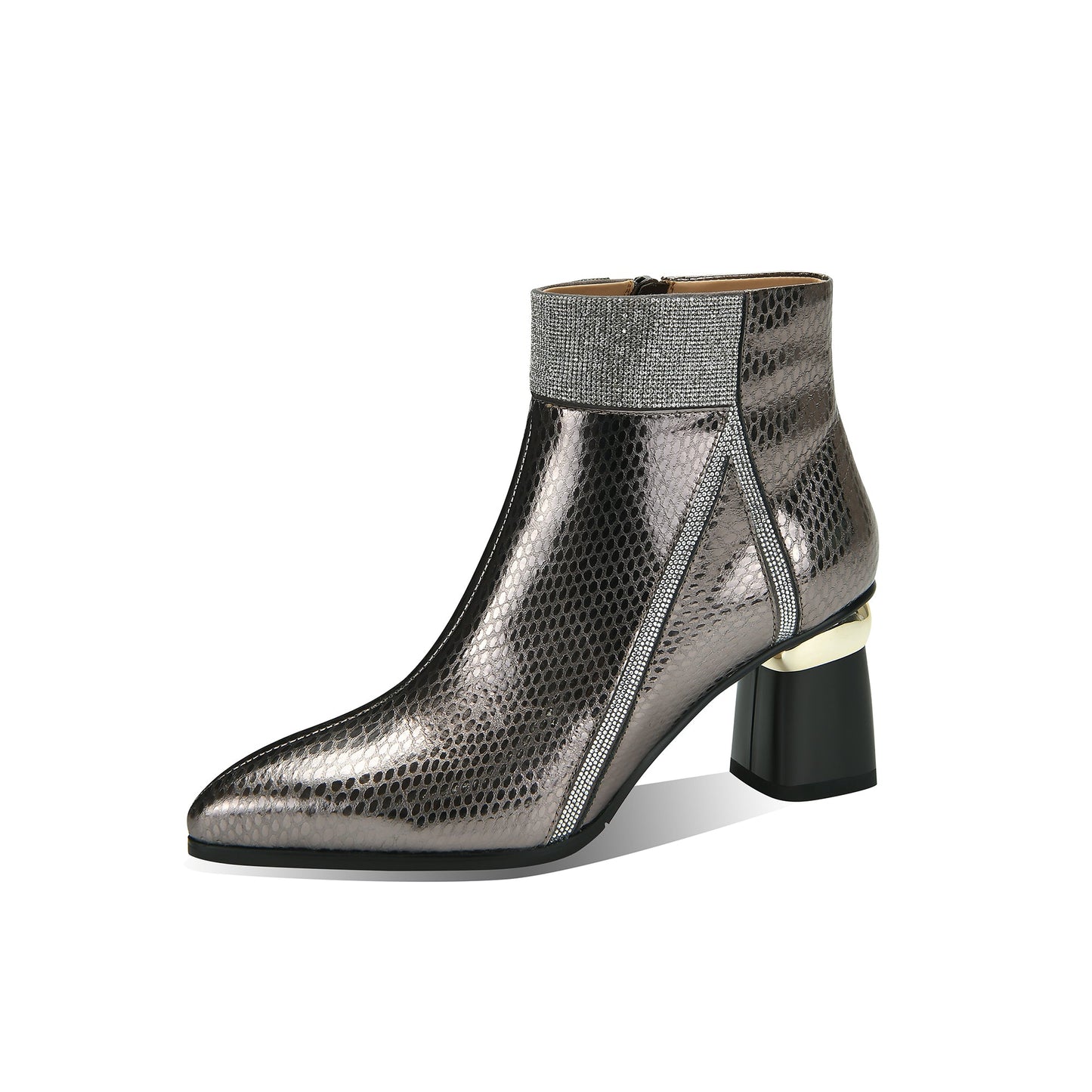 Nine Seven Handmade Women's Genuine Leather Printed Glossy Side Zipper Pointed Toe Mid Chunky Heel Ankle Boots