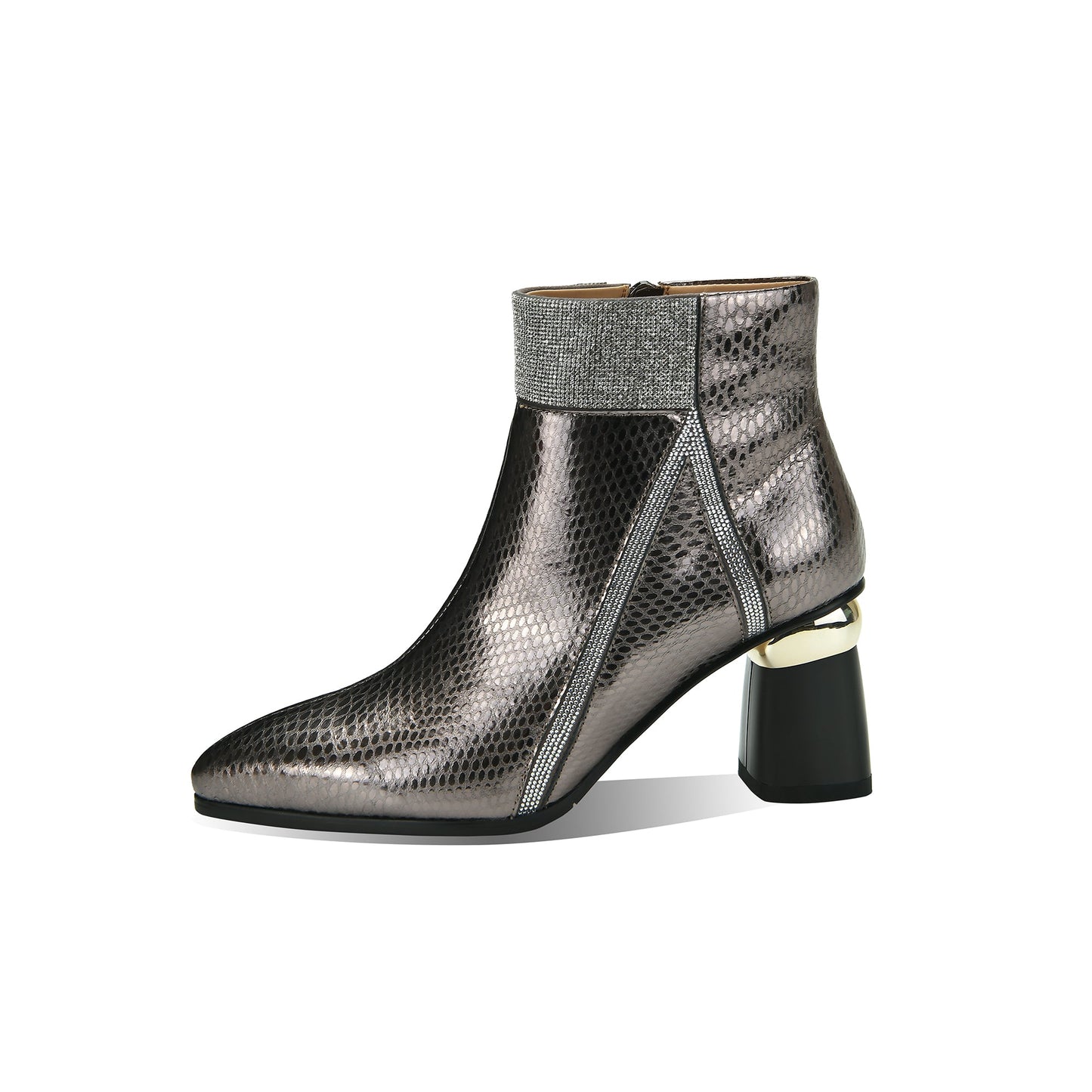 Nine Seven Handmade Women's Genuine Leather Printed Glossy Side Zipper Pointed Toe Mid Chunky Heel Ankle Boots