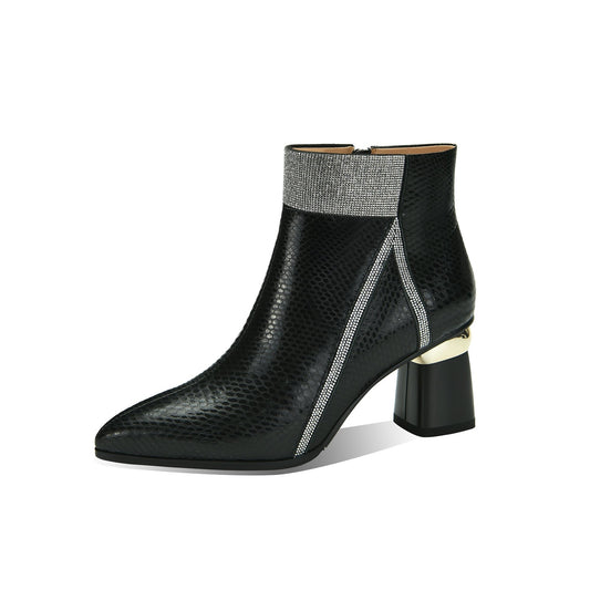 Nine Seven Handmade Women's Genuine Leather Printed Glossy Side Zipper Pointed Toe Mid Chunky Heel Ankle Boots