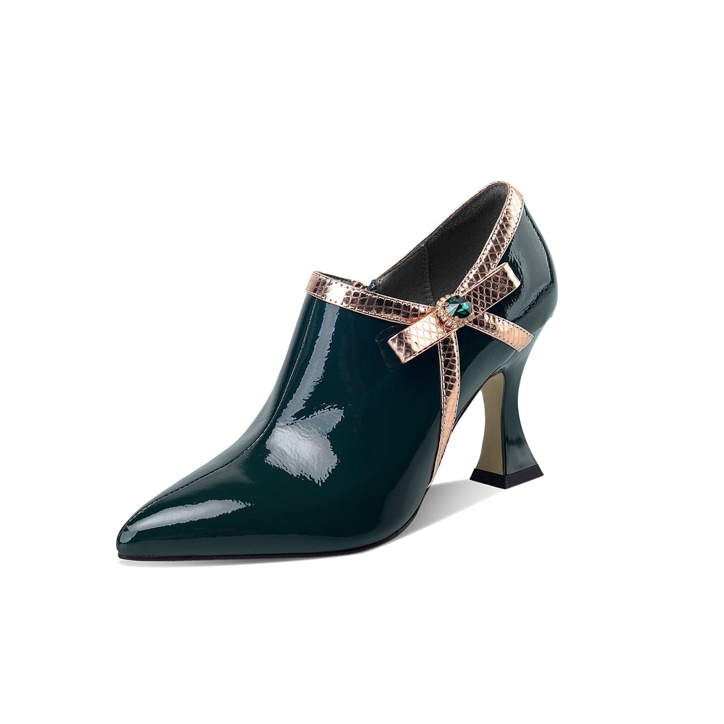 Nine Seven Women's Patent Leather Handmade High Stiletto Heel Side Zip Up Pointed Toe Pump Shoes with Crystal Bowtie