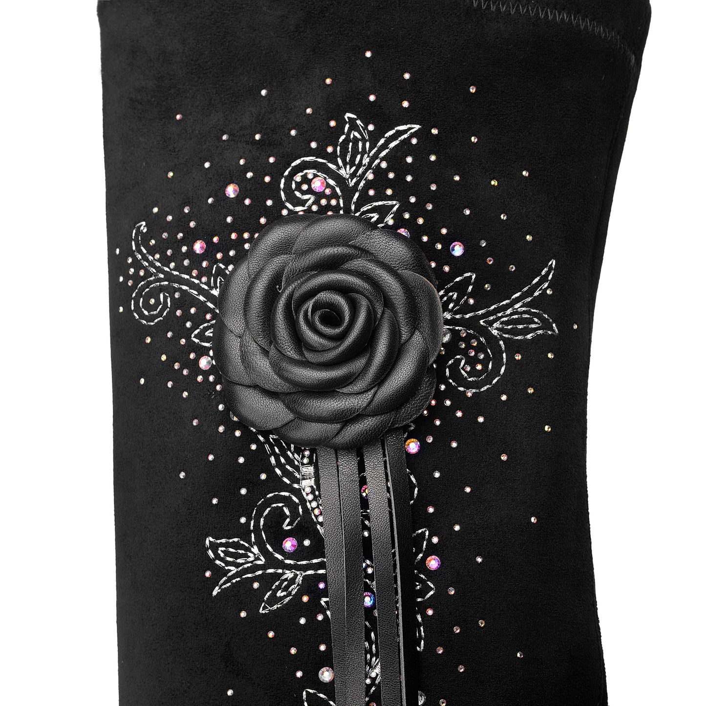 Nine Seven Women's Handmade Suede Leather Pointed Toe Sexy High Heel Stretch Slip On Black Over the Knee High Boots with Floral Tassel