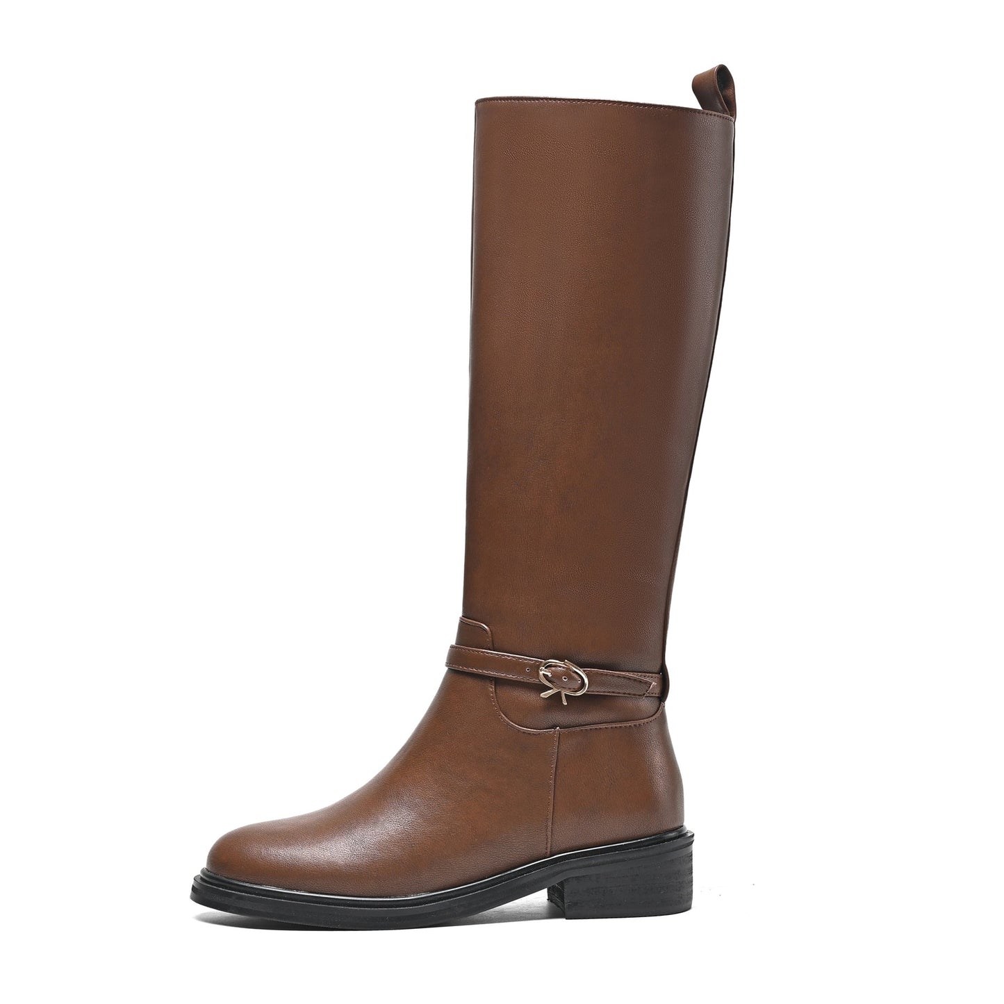 Nine Seven Women's Genuine Leather Round Toe Handmade Side Zipper Low Chunky Heels Trendy Knee High Boots