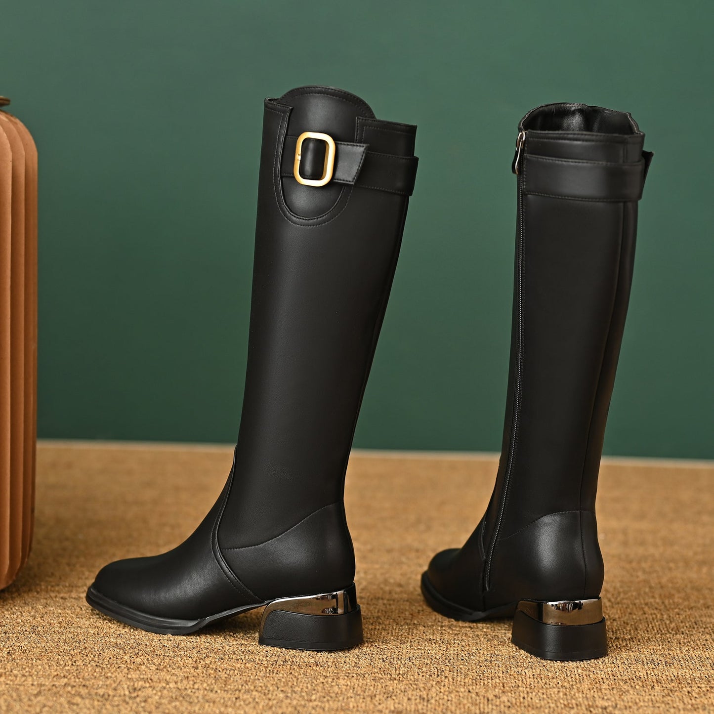 Nine Seven Women's Round Toe Genuine Leather Handmade Side Zipper Low Chunky Heels Casual Knee High Boots with Buckle