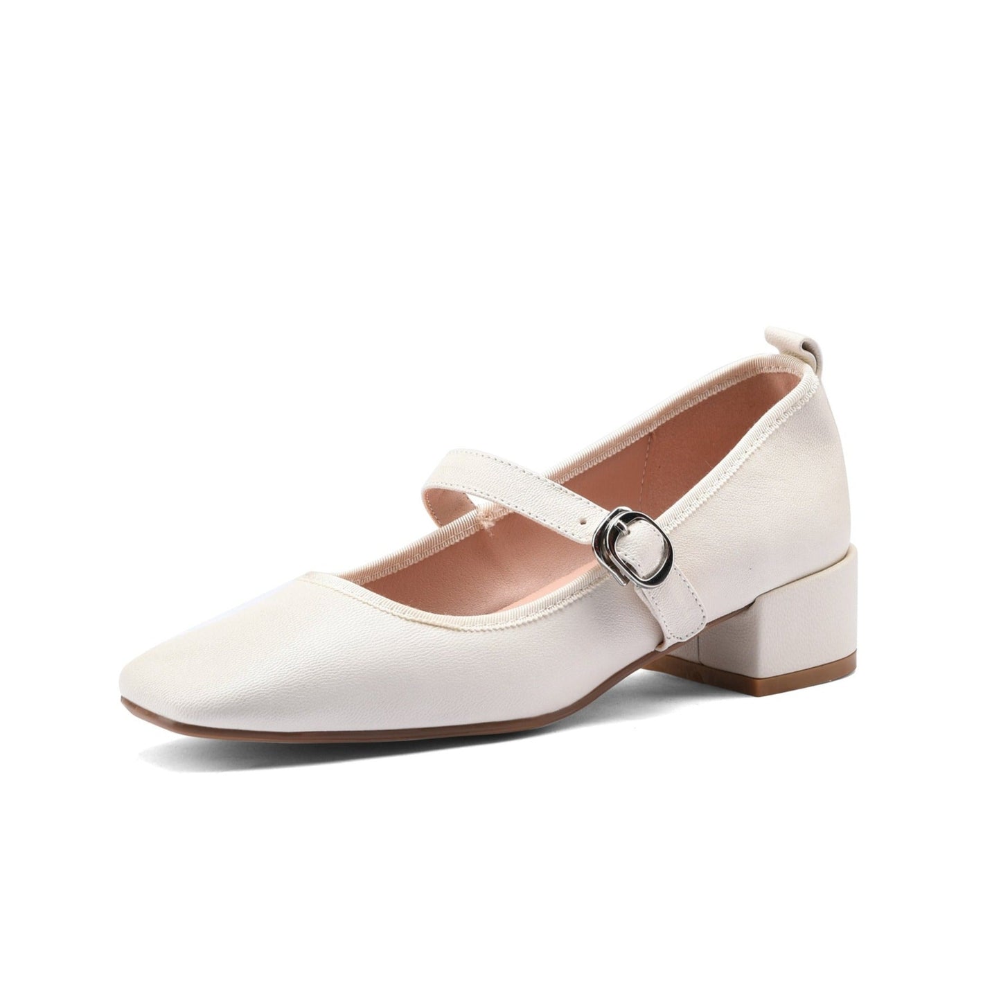 Nine Seven Women's Genuine Leather Square Toe Handmade Buckle Low Chunky Heels Casual Mary Jane Shoes