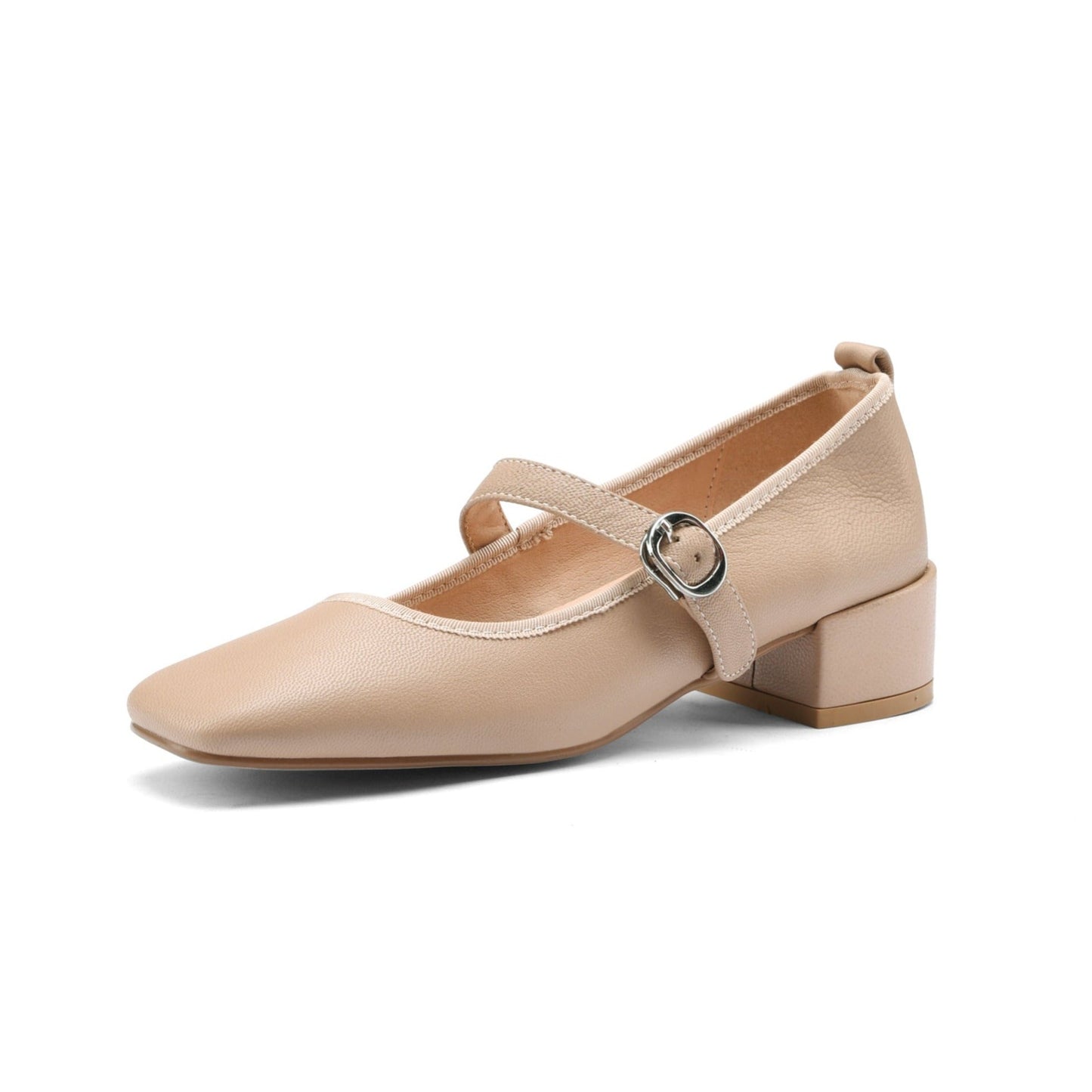 Nine Seven Women's Genuine Leather Square Toe Handmade Buckle Low Chunky Heels Casual Mary Jane Shoes