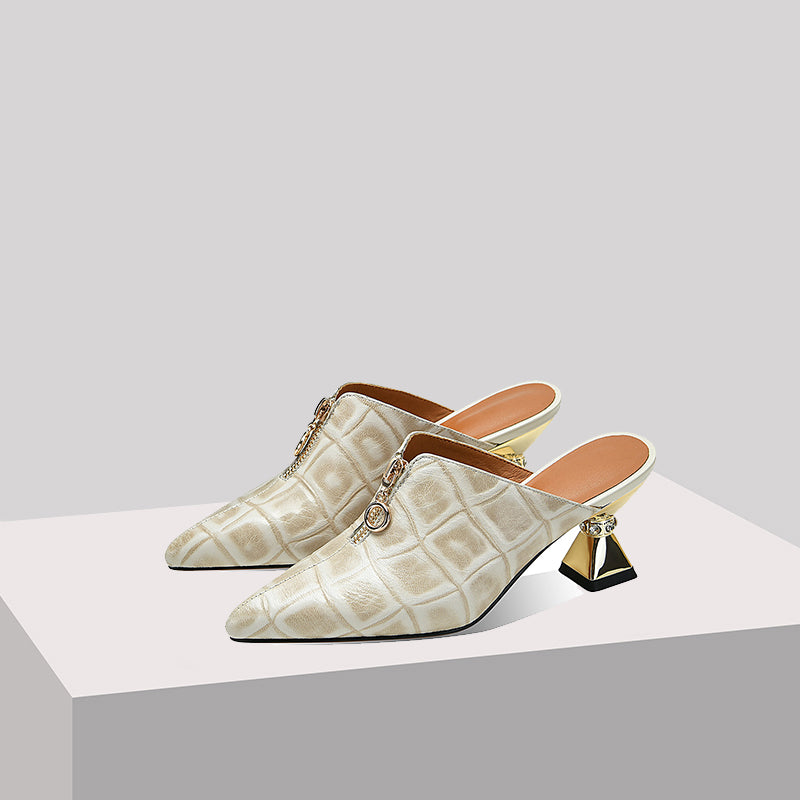 Nine Seven Women's Pointed Toe Plaid Genuine Leather Handmade Front Zipper Mid Chunky Heel Chic Slippers