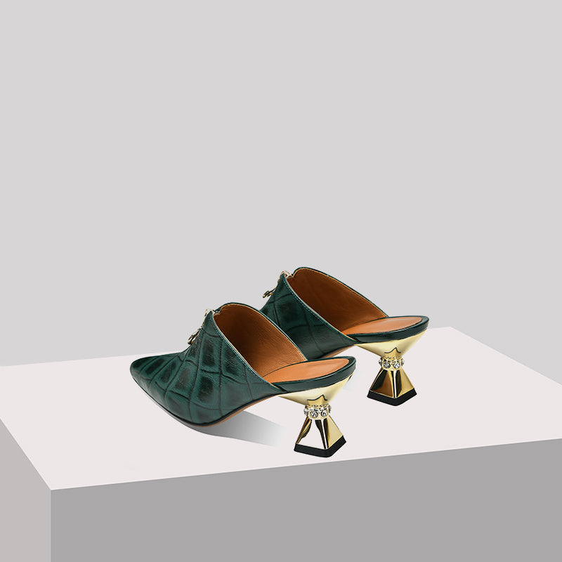 Nine Seven Women's Pointed Toe Plaid Genuine Leather Handmade Front Zipper Mid Chunky Heel Chic Slippers