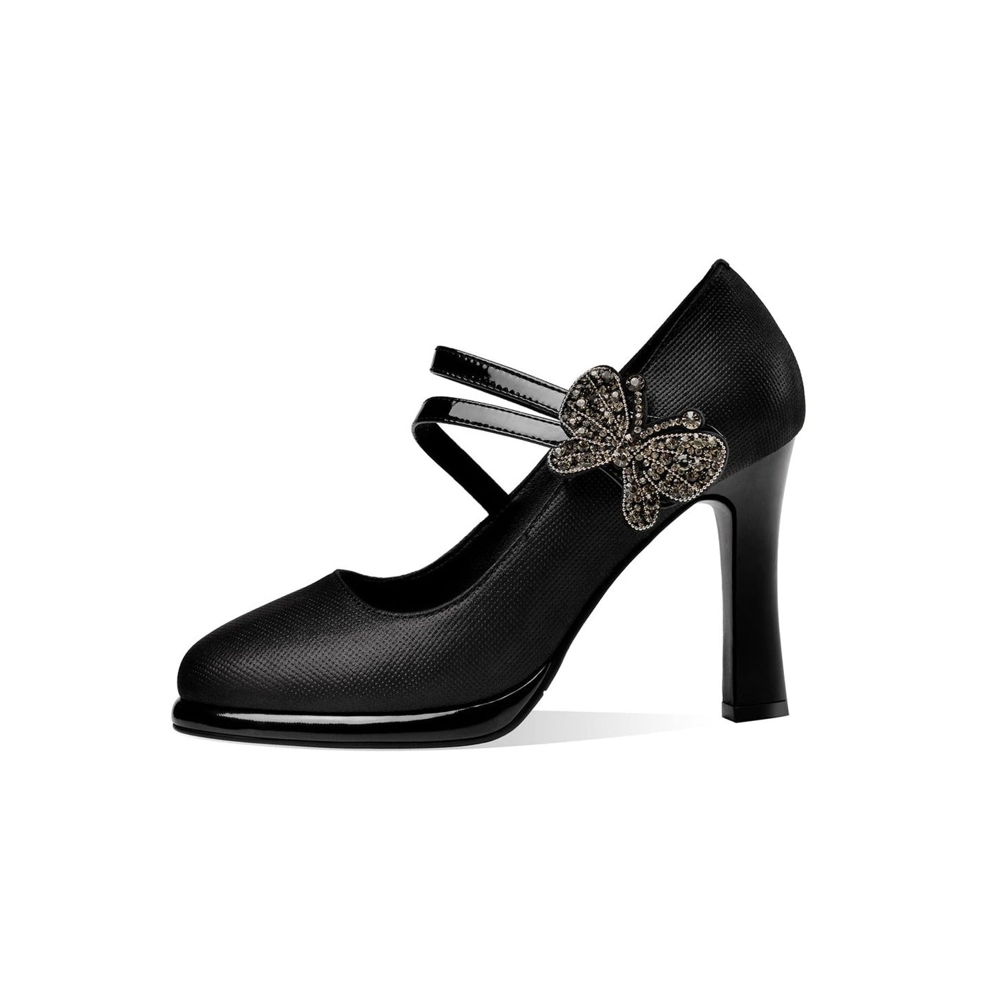 Nine Seven Women's Leather Handmade Round Toe Belts High Heel Pumps with Butterfly Décor