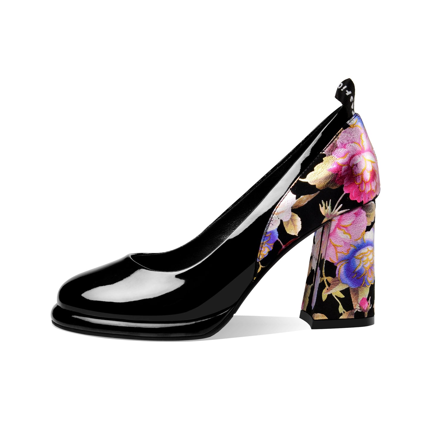Nine Seven Women's Round Toe Floral Patent Leather Handmade Platform High Chunky Heel Unique Pump Shoes