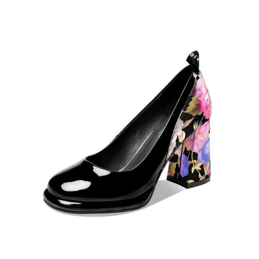 Nine Seven Women's Round Toe Floral Patent Leather Handmade Platform High Chunky Heel Unique Pump Shoes