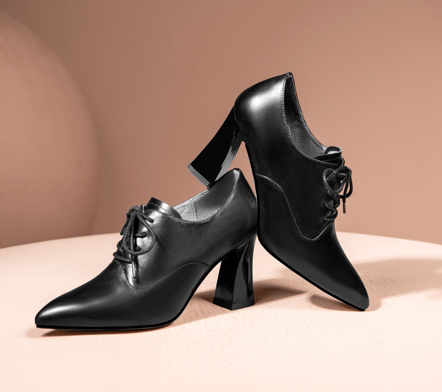 Nine Seven Women's Genuine Leather Handmade Pointed Toe High Chunky Heel Lace Up Stylish Oxford Pumps