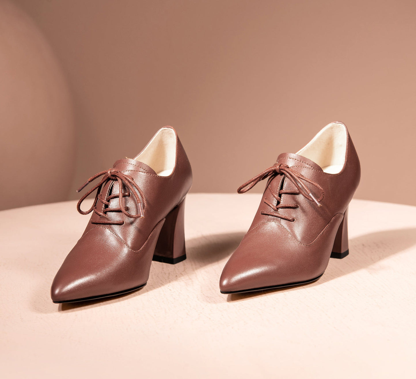 Nine Seven Women's Genuine Leather Handmade Pointed Toe High Chunky Heel Lace Up Stylish Oxford Pumps