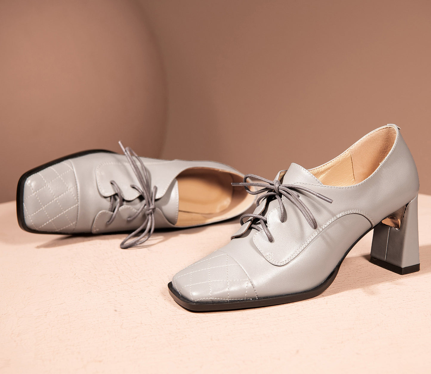 Nine Seven Genuine Leather Women's Handmade Classic Square Toe Chunky Heel Lace Up Oxford Pump Shoes