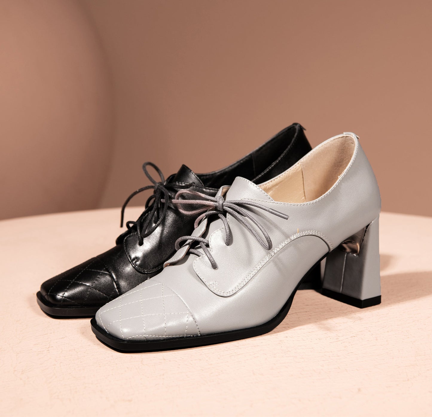 Nine Seven Genuine Leather Women's Handmade Classic Square Toe Chunky Heel Lace Up Oxford Pump Shoes