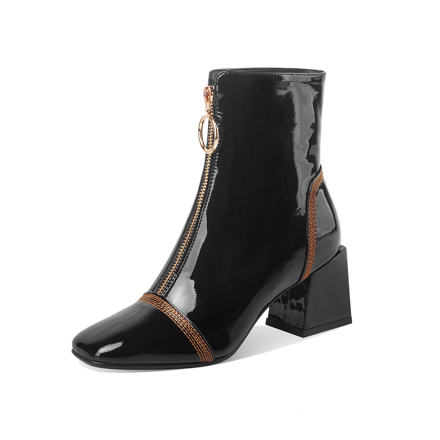 Nine Seven Women's Patent Leather Square Toe Handmade Front Zipper Mid Chunky Heels Trendy Ankle Boots