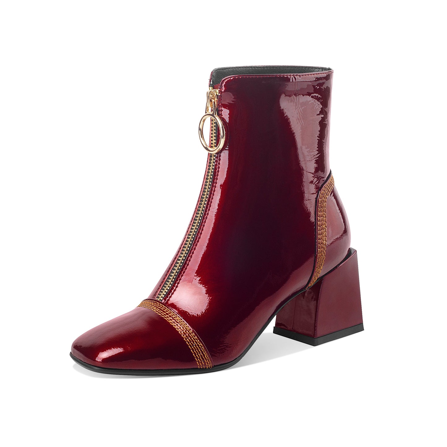 Nine Seven Women's Patent Leather Square Toe Handmade Front Zipper Mid Chunky Heels Trendy Ankle Boots