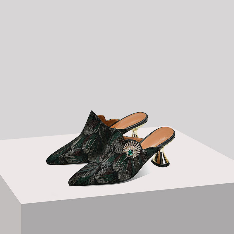 Nine Seven Women's Pointed Toe Handmade Genuine Leather Mid Heel Stylish Sandal Slippers with Buckle Decor