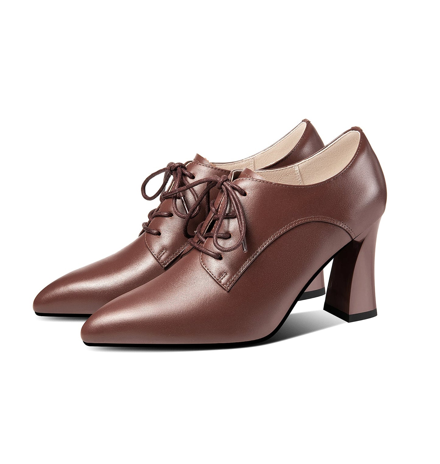 Nine Seven Women's Genuine Leather Handmade Pointed Toe High Chunky Heel Lace Up Stylish Oxford Pumps