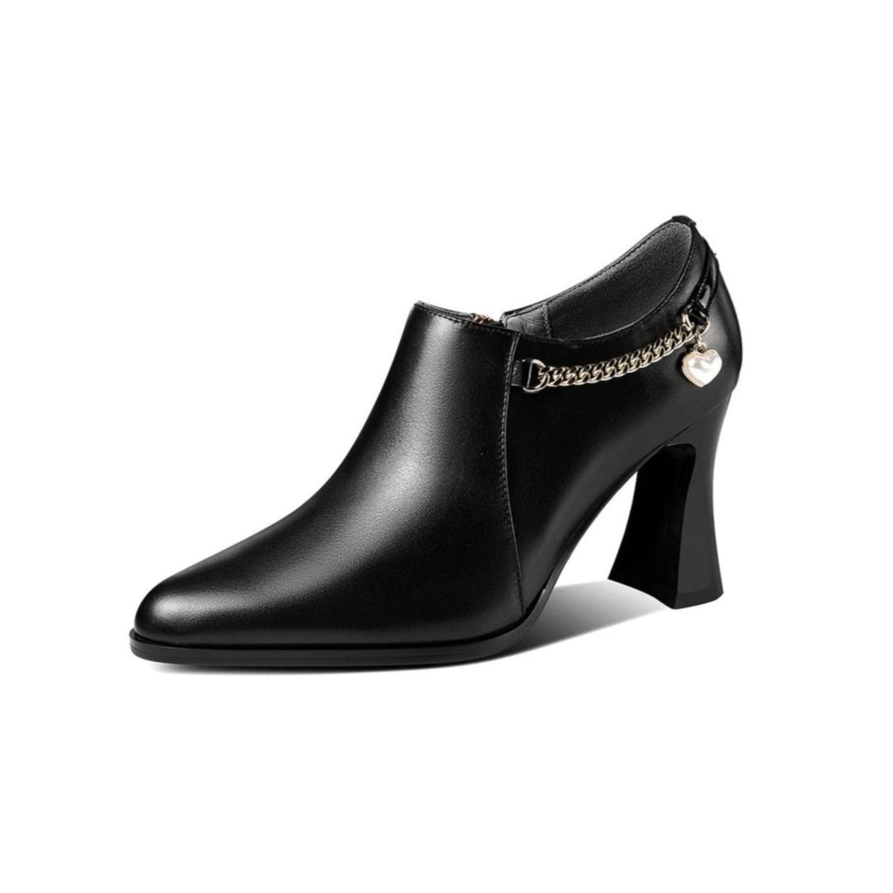 Nine Seven Women's Genuine Leather Handmade Spool Heel Pointed Toe Side Zip Elegant Oxford Pumps with Exquisite Heart Pendant