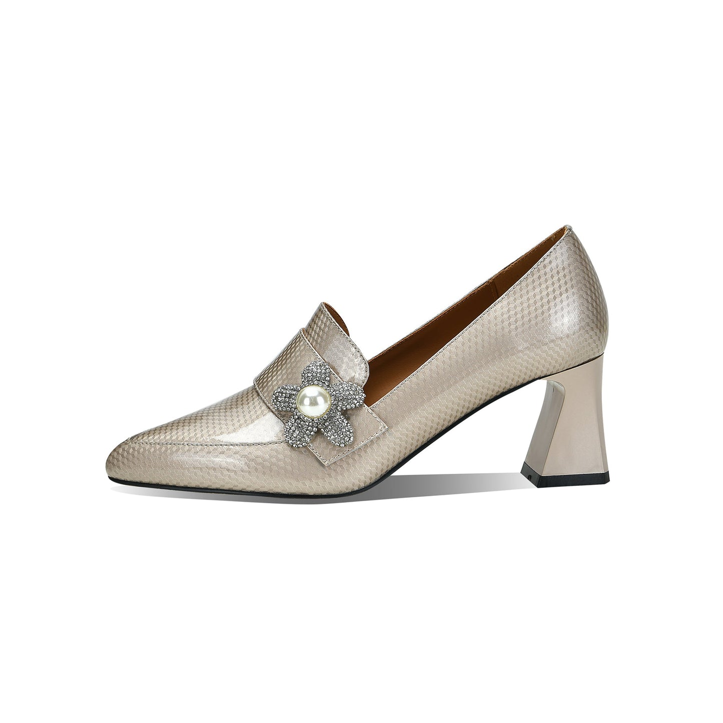 Nine Seven Handmade Women's Patent Leather Pearl Rhinestones Floral Slip On Pointed Toe Mid Chunky Heel Loafer Shoes