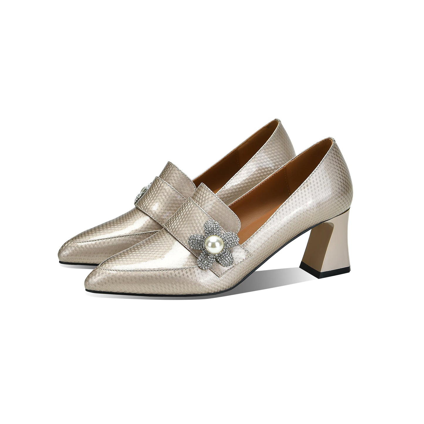 Nine Seven Handmade Women's Patent Leather Pearl Rhinestones Floral Slip On Pointed Toe Mid Chunky Heel Loafer Shoes