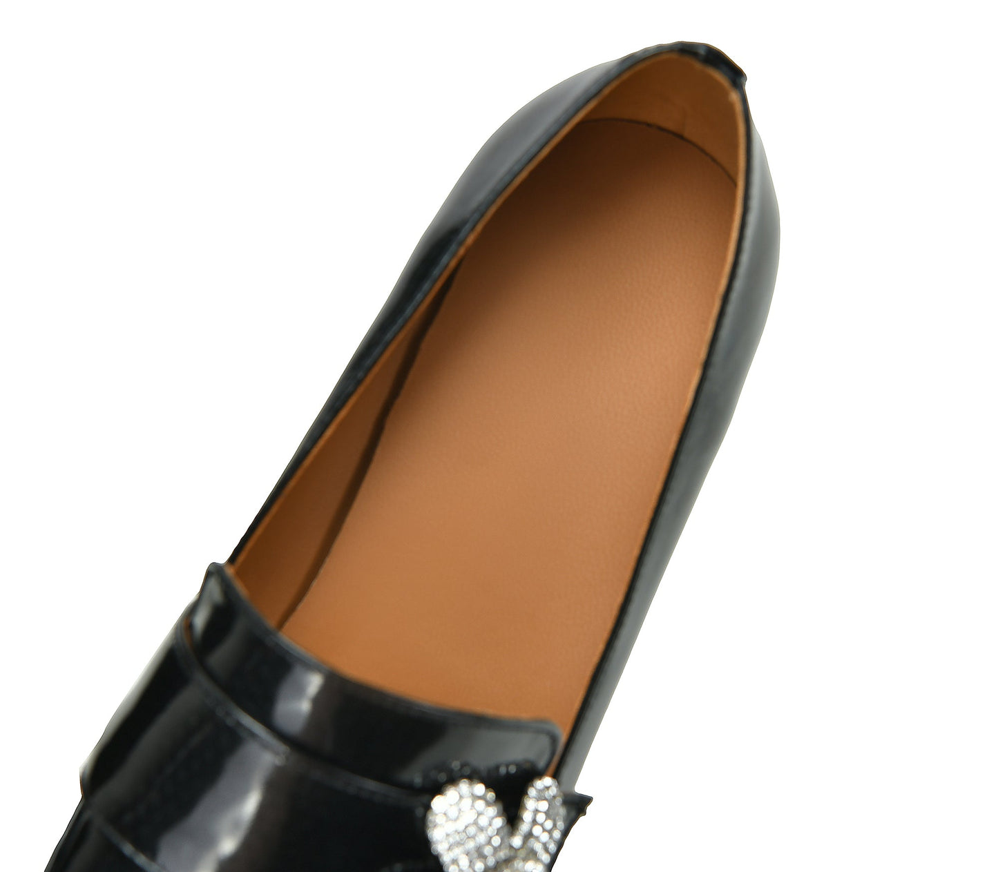 Nine Seven Handmade Women's Patent Leather Pearl Rhinestones Floral Slip On Pointed Toe Mid Chunky Heel Loafer Shoes