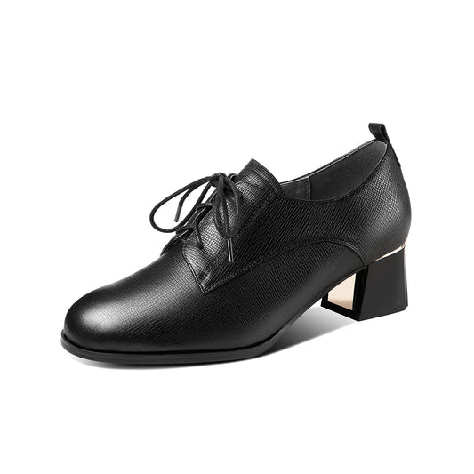 Nine Seven Women's Genuine Leather Handmade Block Heel Round Toe Lace Up Oxford Pumps