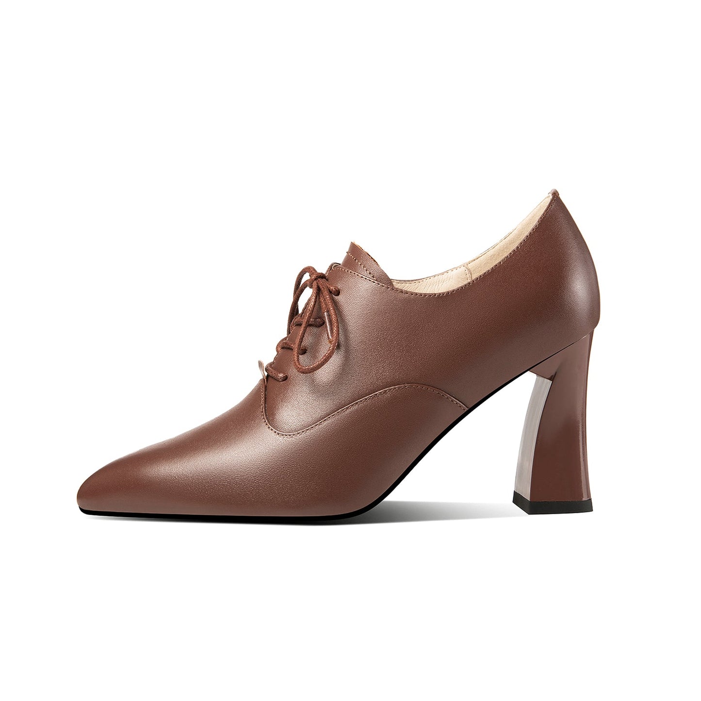 Nine Seven Women's Genuine Leather Handmade Pointed Toe High Chunky Heel Lace Up Stylish Oxford Pumps