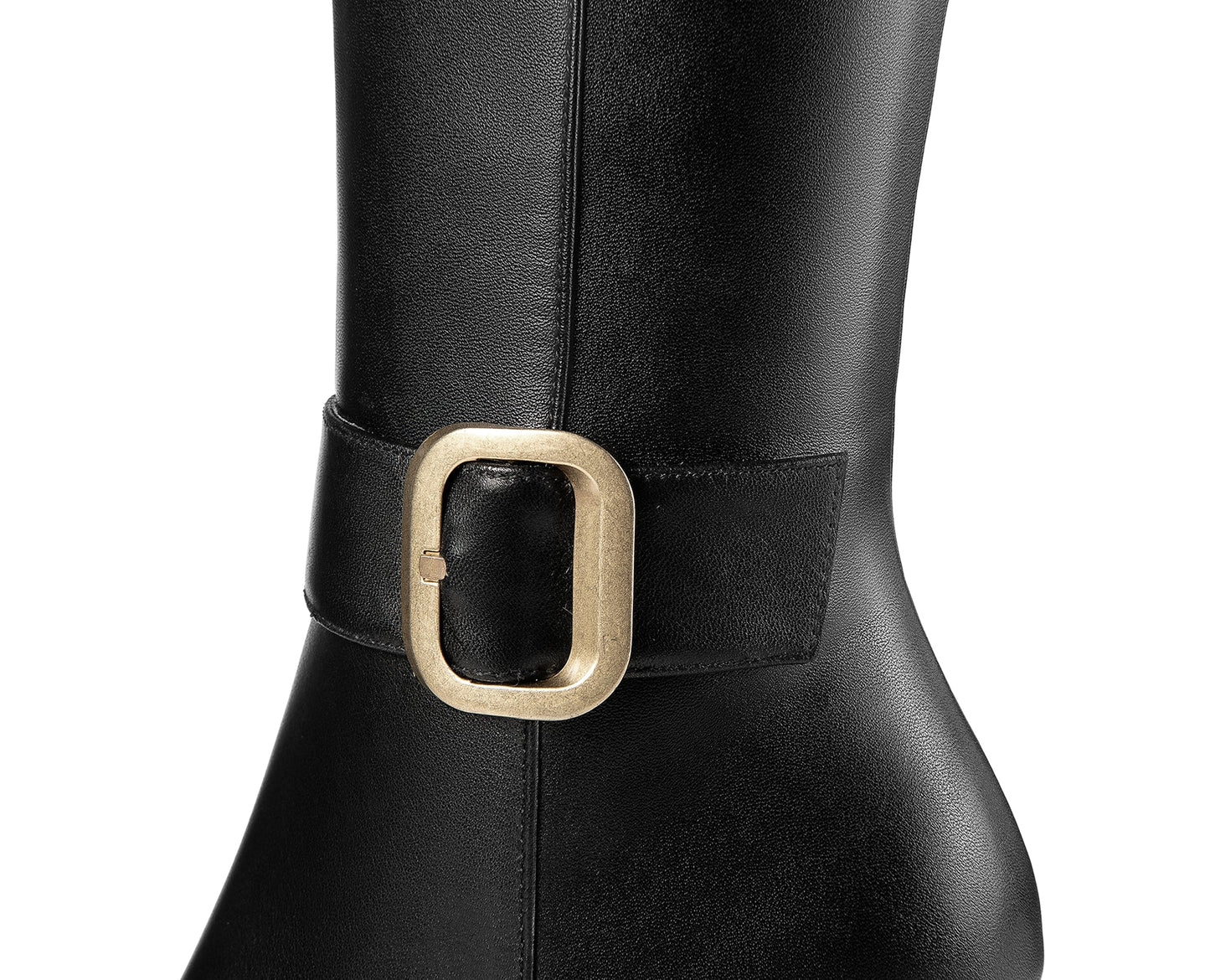 Nine Seven Handmade Women's Genuine Leather High Heel Side Zip Up Belt Decor Pointed Toe Black Knee-High Boots