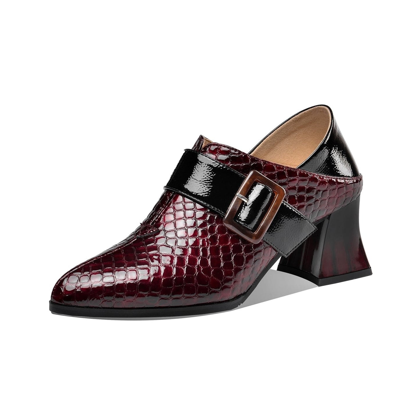 Nine Seven Women's Patent Leather Pointed Toe Handmade Side Zipper Mid Chunky Heels Stylish Pumps with Buckle