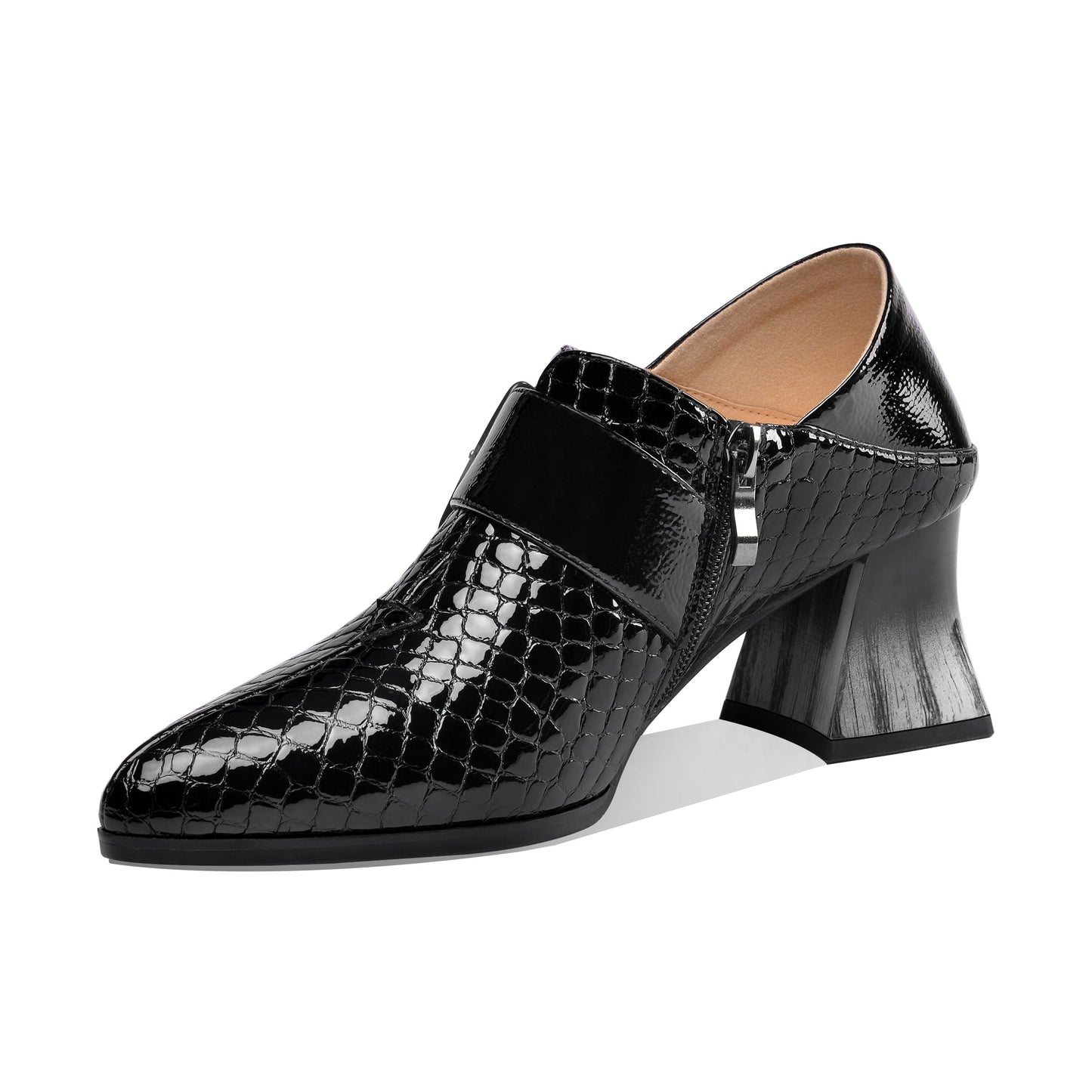 Nine Seven Women's Patent Leather Pointed Toe Handmade Side Zipper Mid Chunky Heels Stylish Pumps with Buckle