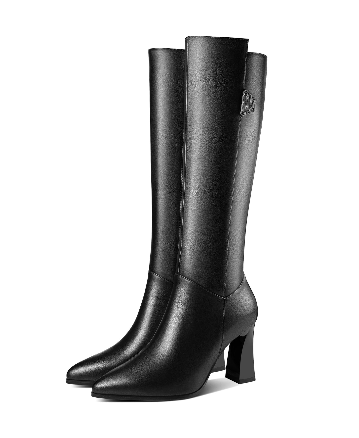 Nine Seven Women's Genuine Leather Handmade Pointed Toe Side Zip Up Knee High Boots with Spool Heel