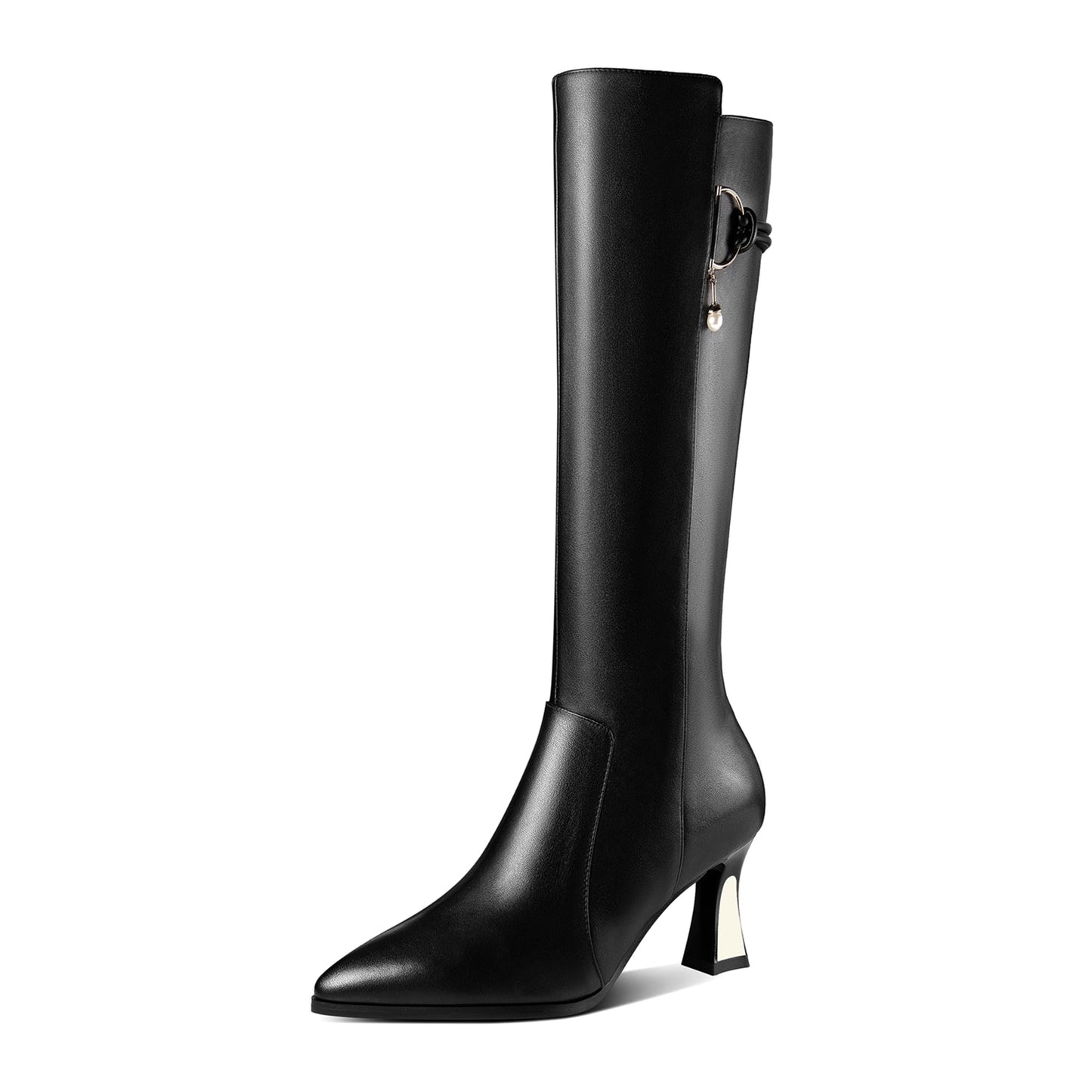 Nine Seven Handmade Women's Genuine Leather Side Zip Up Mid Heel Pointed Toe Stylish Knee High Boots