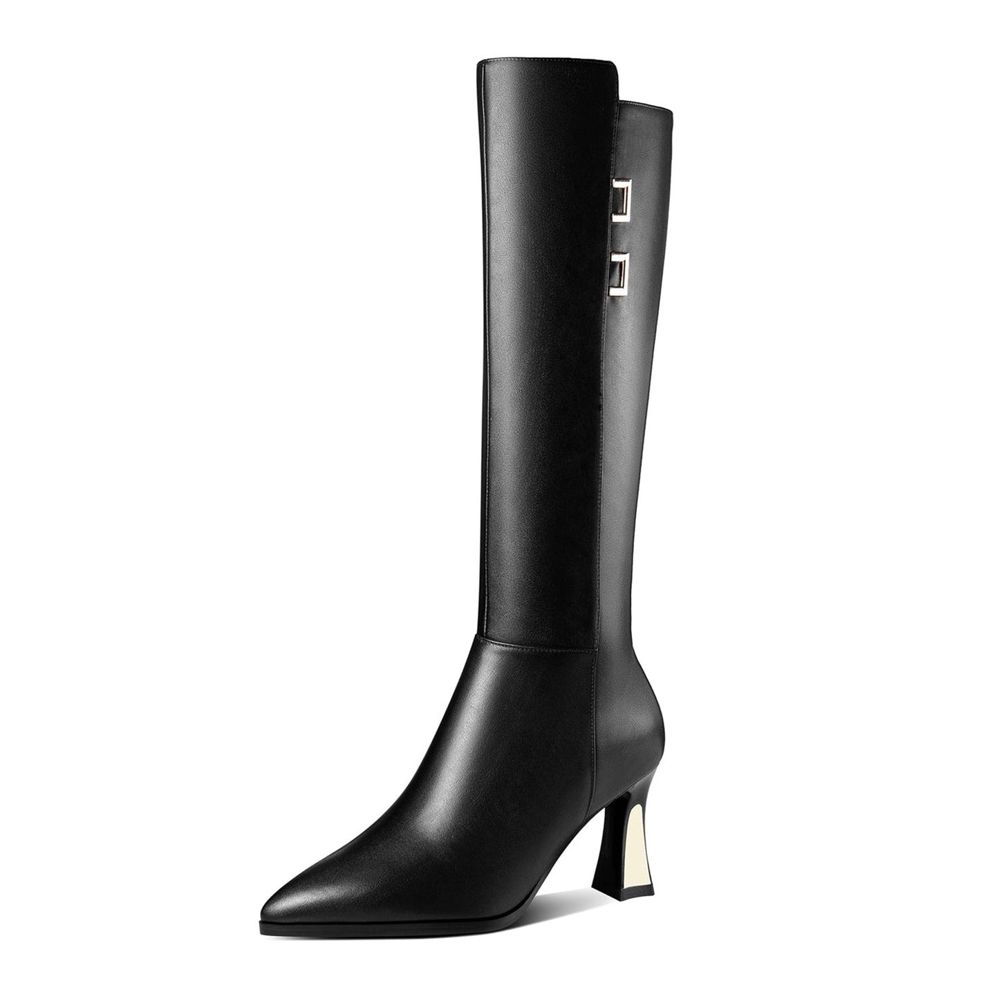 Nine Seven Handmade Women's Genuine Leather Mid Heel Side Zip Up Pointed Toe Stylish Knee High Boots