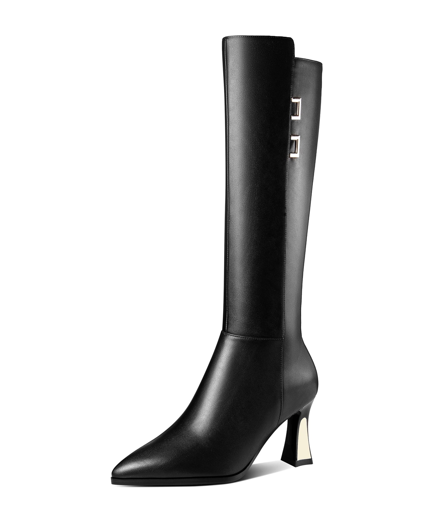 Nine Seven Handmade Women's Genuine Leather Mid Heel Side Zip Up Pointed Toe Stylish Knee High Boots