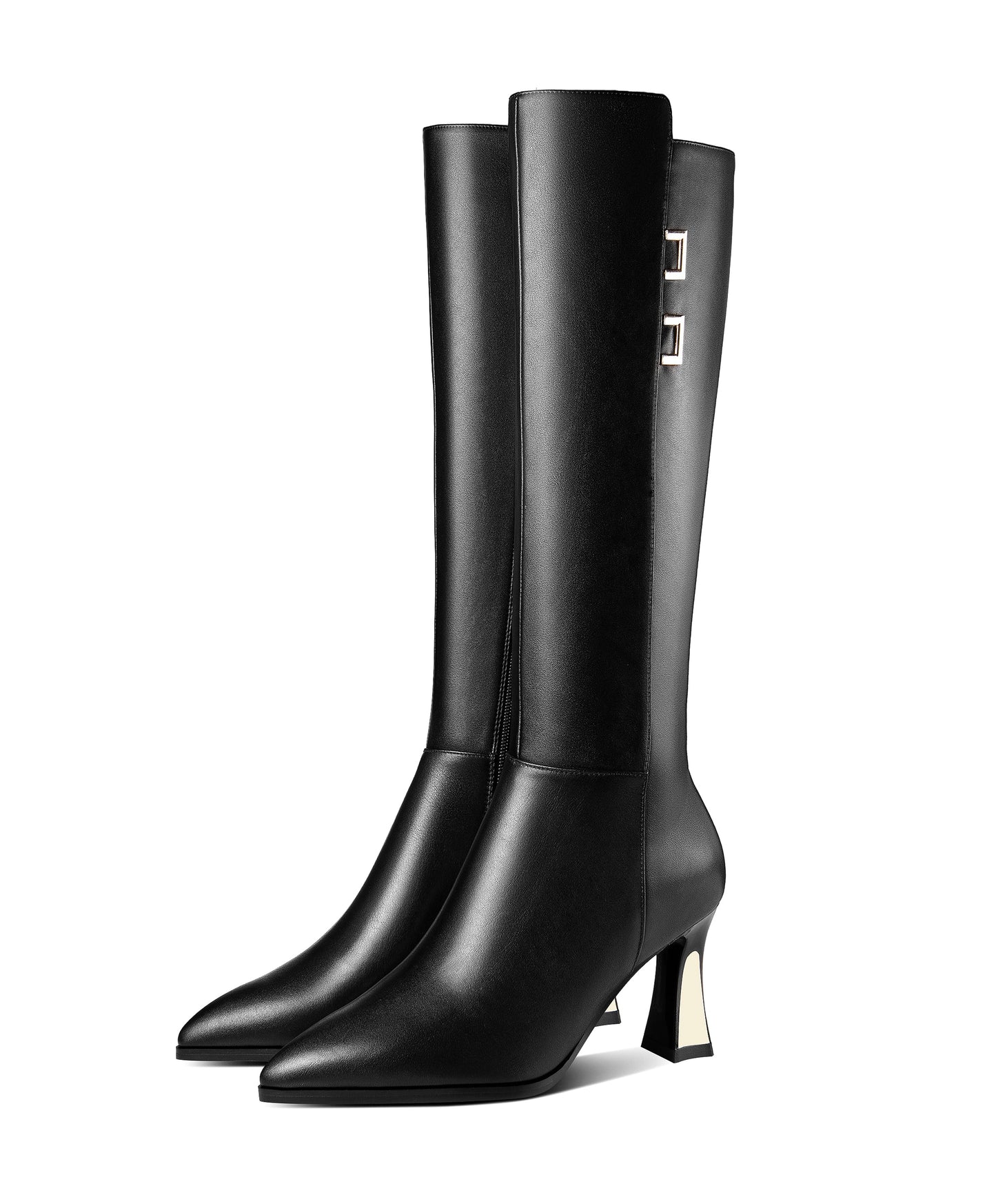 Nine Seven Handmade Women's Genuine Leather Mid Heel Side Zip Up Pointed Toe Stylish Knee High Boots
