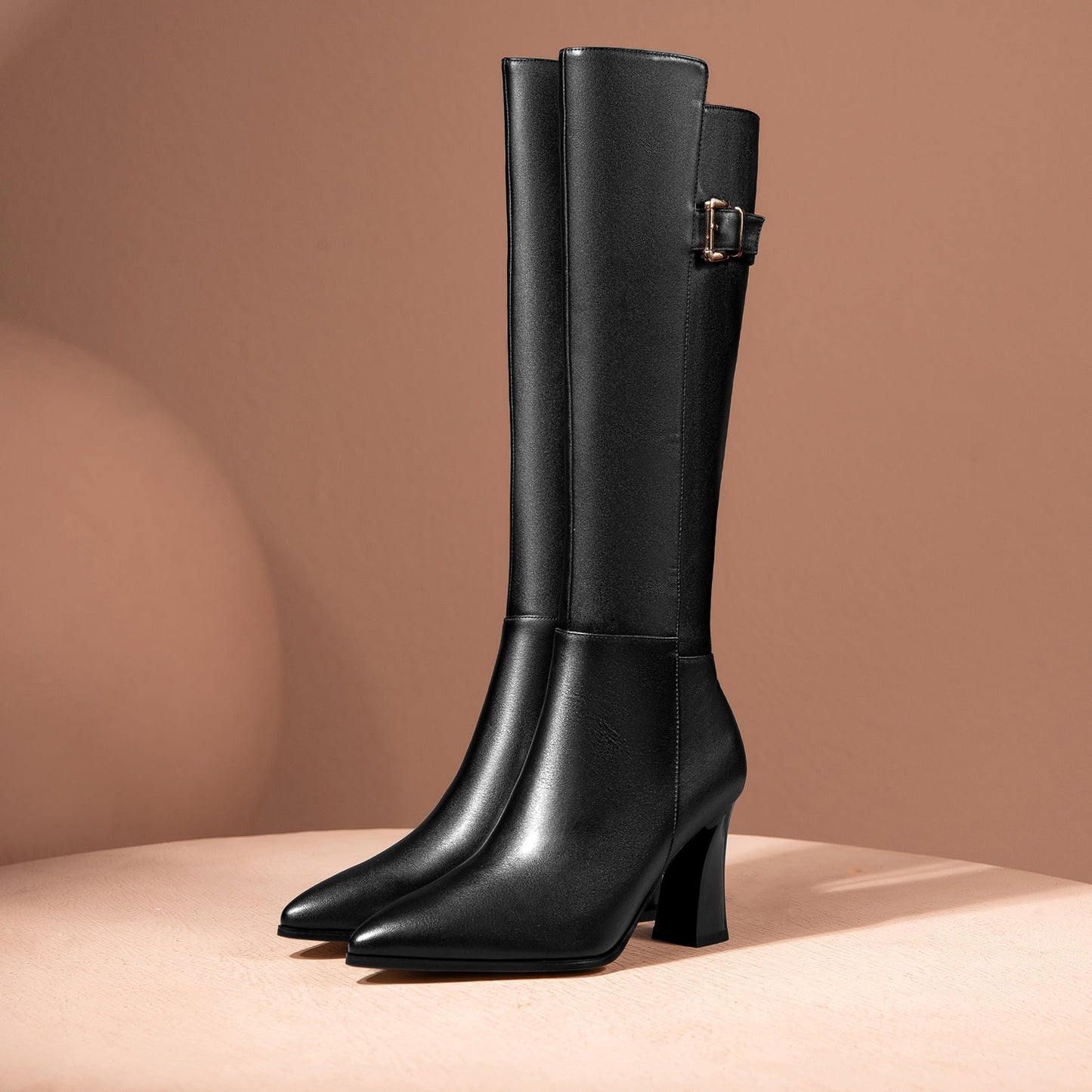 Nine Seven Handmade Women's Genuine Leather Trendy Spool Heel Side Zip Up Chic Buckle Decor Pointed Toe Dress Boots