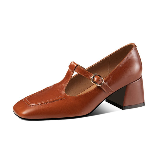 Nine Seven Women's Genuine Leather Square Toe Handmade Comfortable Block Heel T-Shaped Buckle Pump Shoes