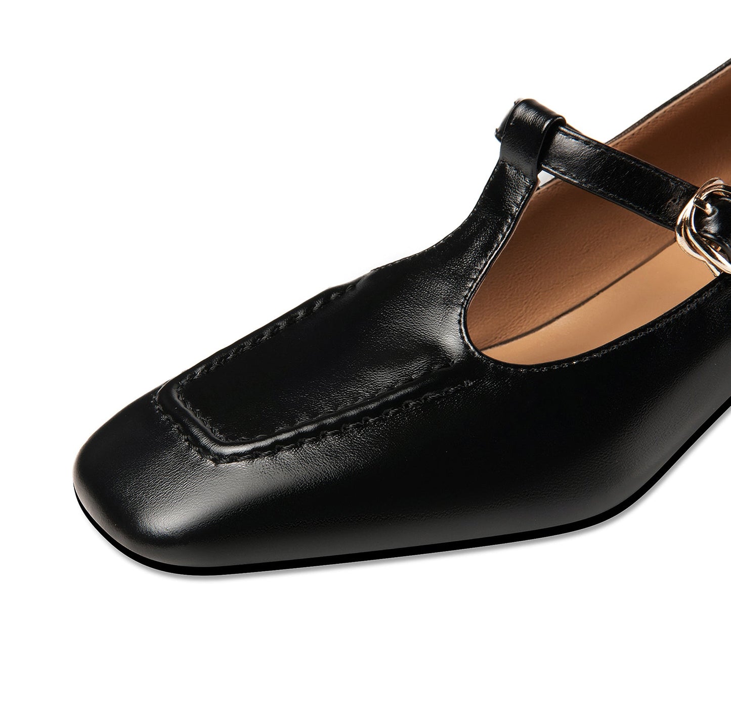 Nine Seven Women's Genuine Leather Square Toe Handmade Comfortable Block Heel T-Shaped Buckle Pump Shoes