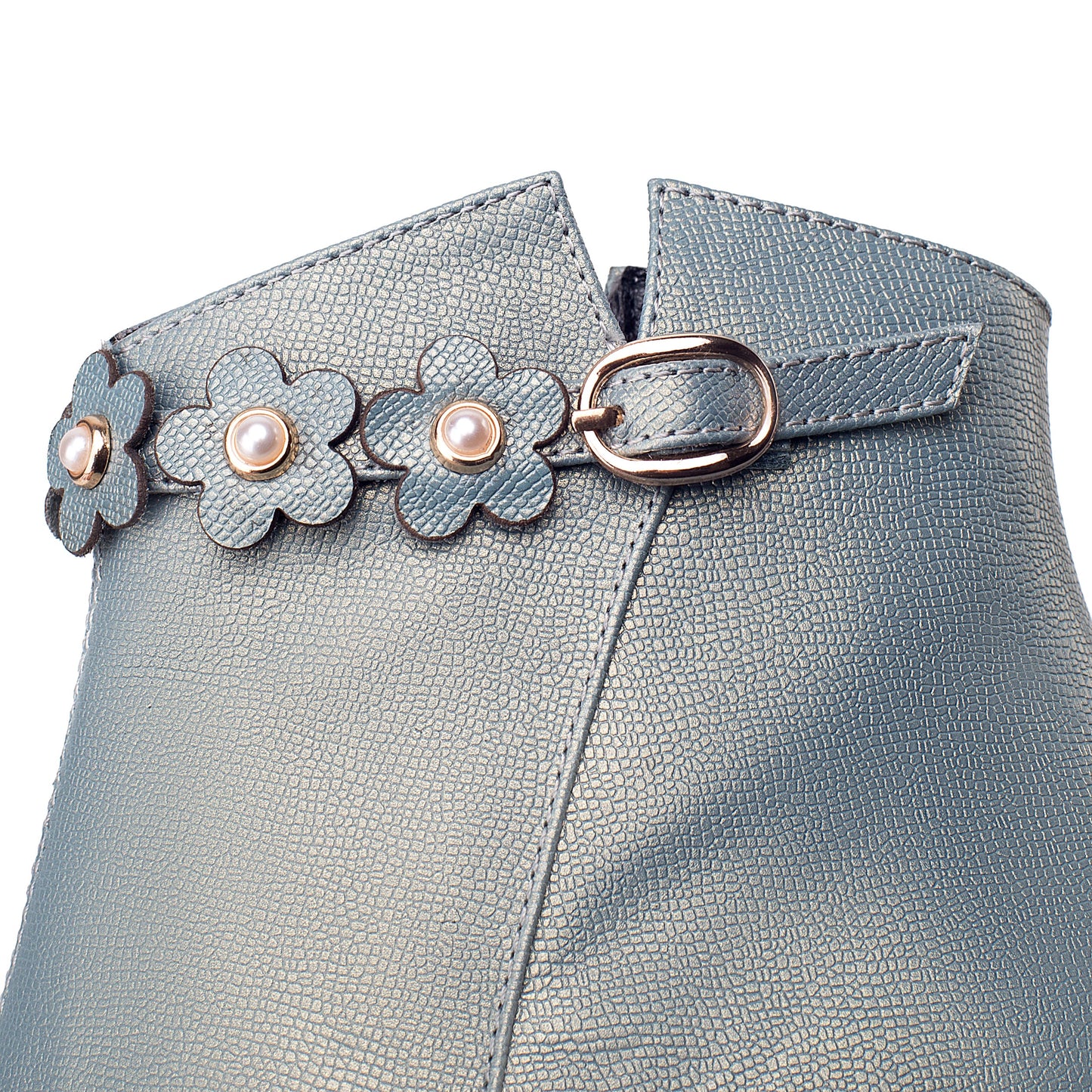 Nine Seven Women's Handmade Genuine Leather Mid Spool Heel Side Zip Up Trendy Ankle Booties with Floral Buckle Decor