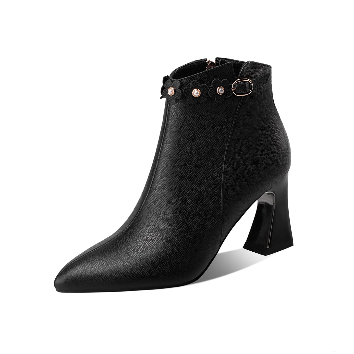 Nine Seven Women's Handmade Genuine Leather Mid Spool Heel Side Zip Up Trendy Ankle Booties with Floral Buckle Decor