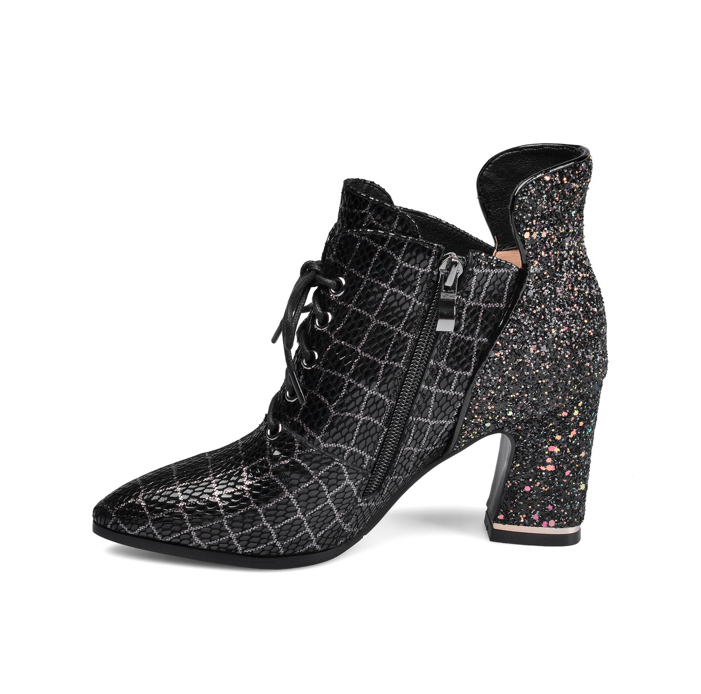 Nine Seven Genuine Leather Pointed Toe Handmade Lace Up Side Zipper Chunky Heels Stylish Booties