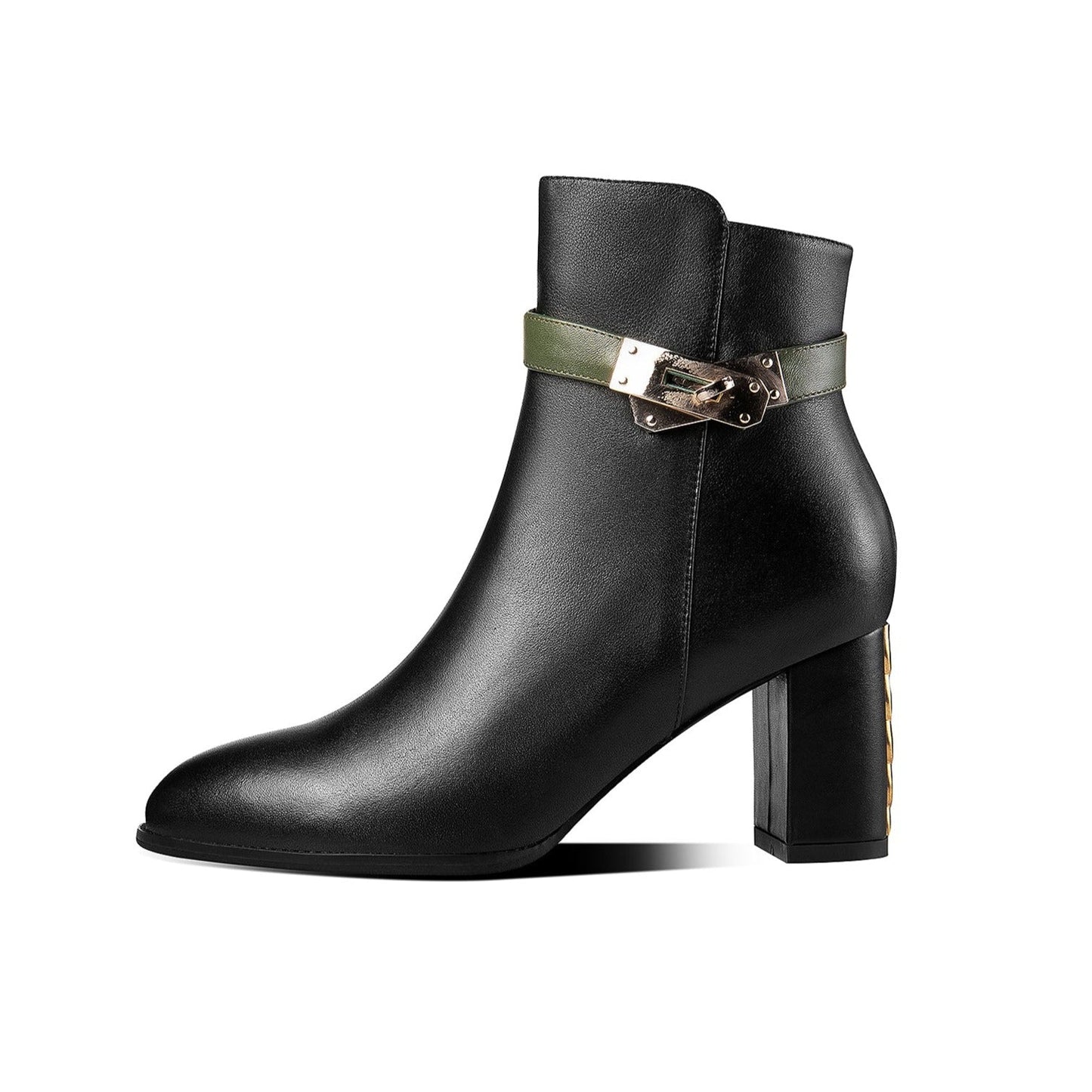 Nine Seven Women's Genuine Leather Handmade Stylish Chunky Heel Side Zip Up Belt Design Ankle Booties