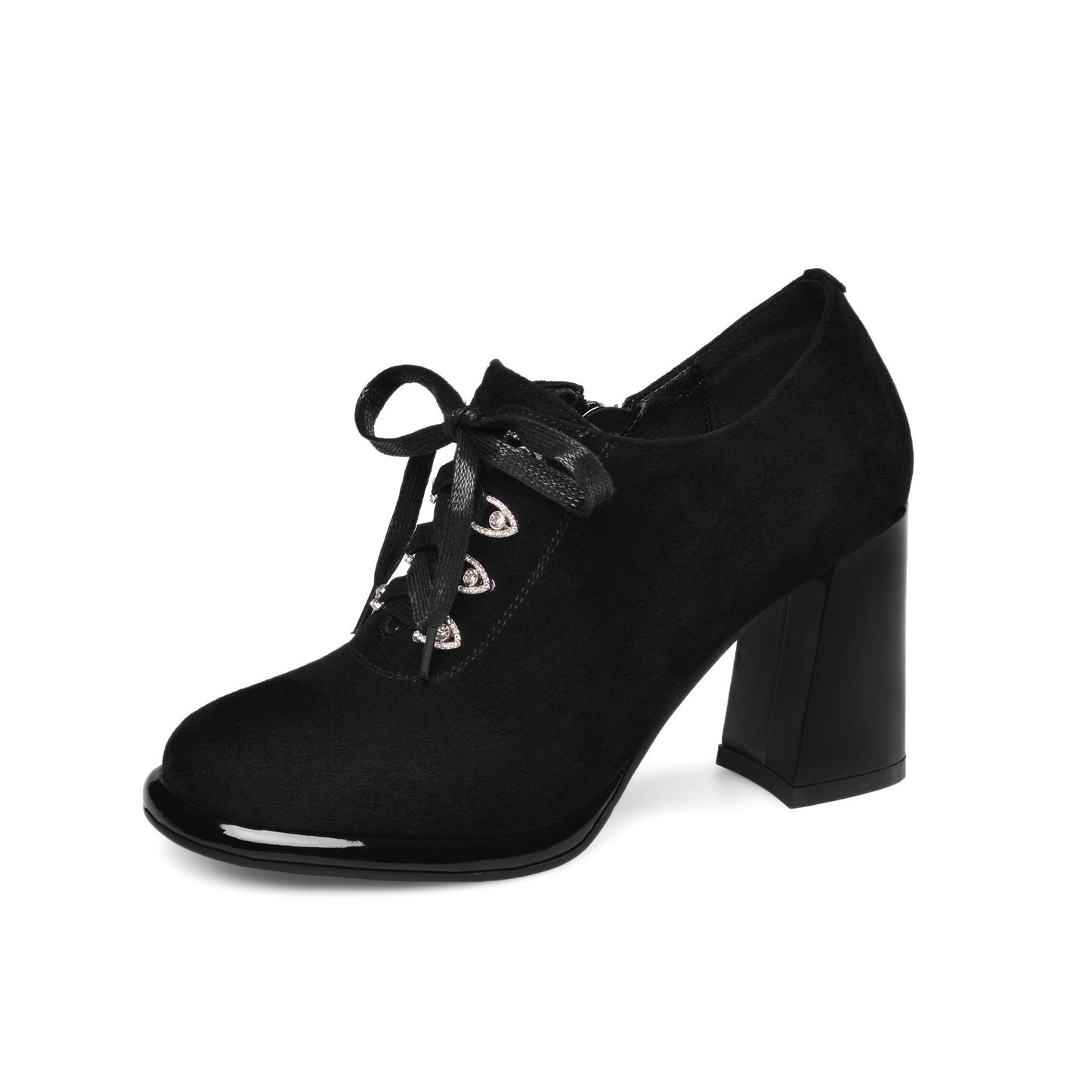 Nine Seven Women's Round Toe Suede Leather Handmade Side Zipper Sleftie Pump Shoes with High Chunky Heel